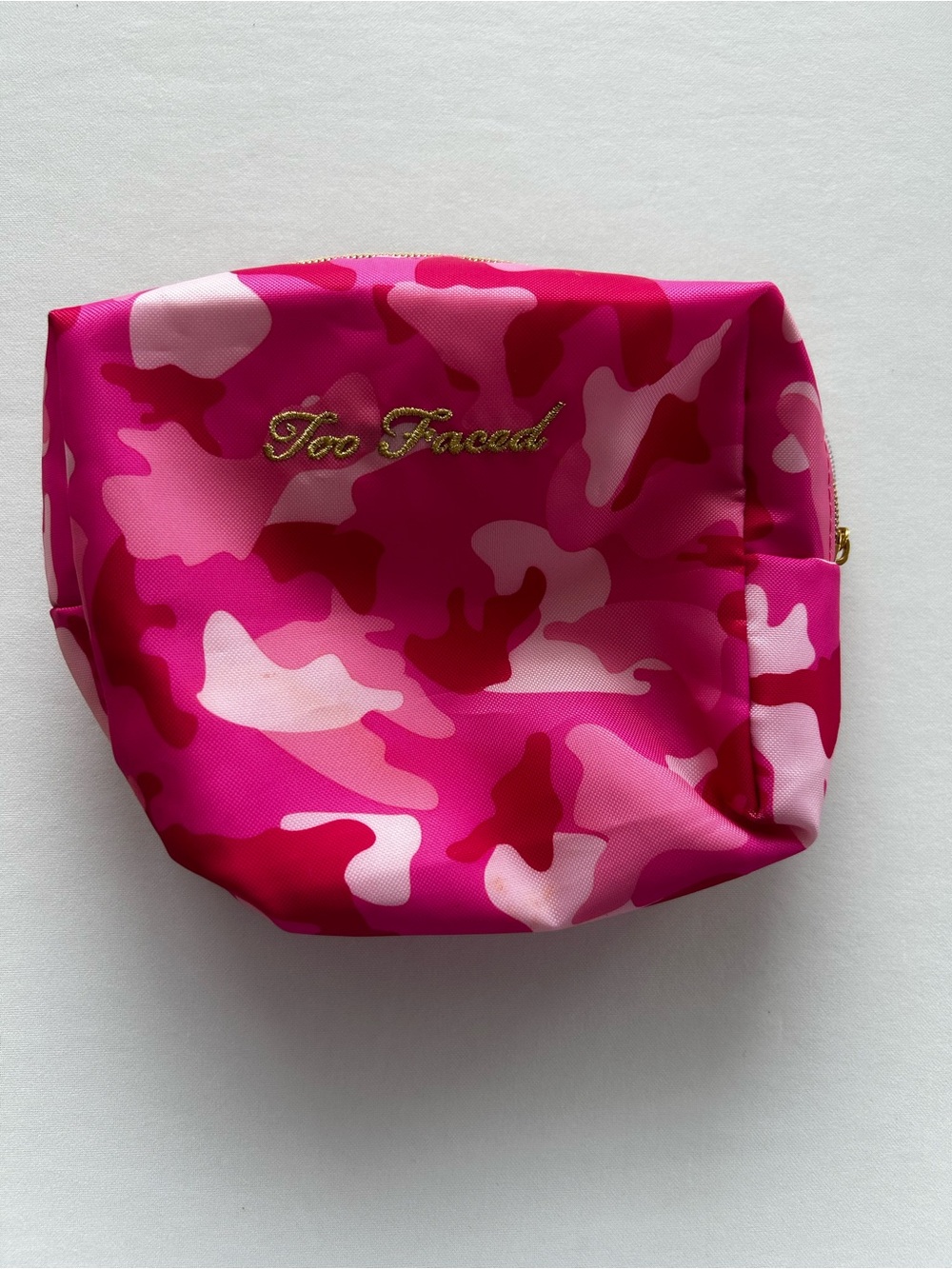 Too Faced Hot Pink Camo Makeup Pouch with Gold Logo